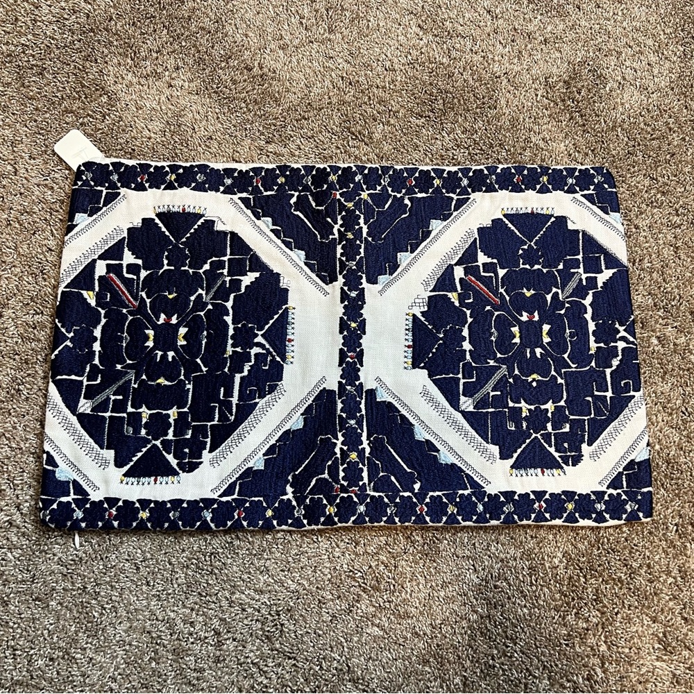 Williams Sonoma Blue White Antique Jaipur Embroidered Lumbar Pillow Cover NEW